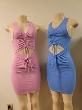 2 Ruched Cutout Bodycon Dress - Pink, Blue